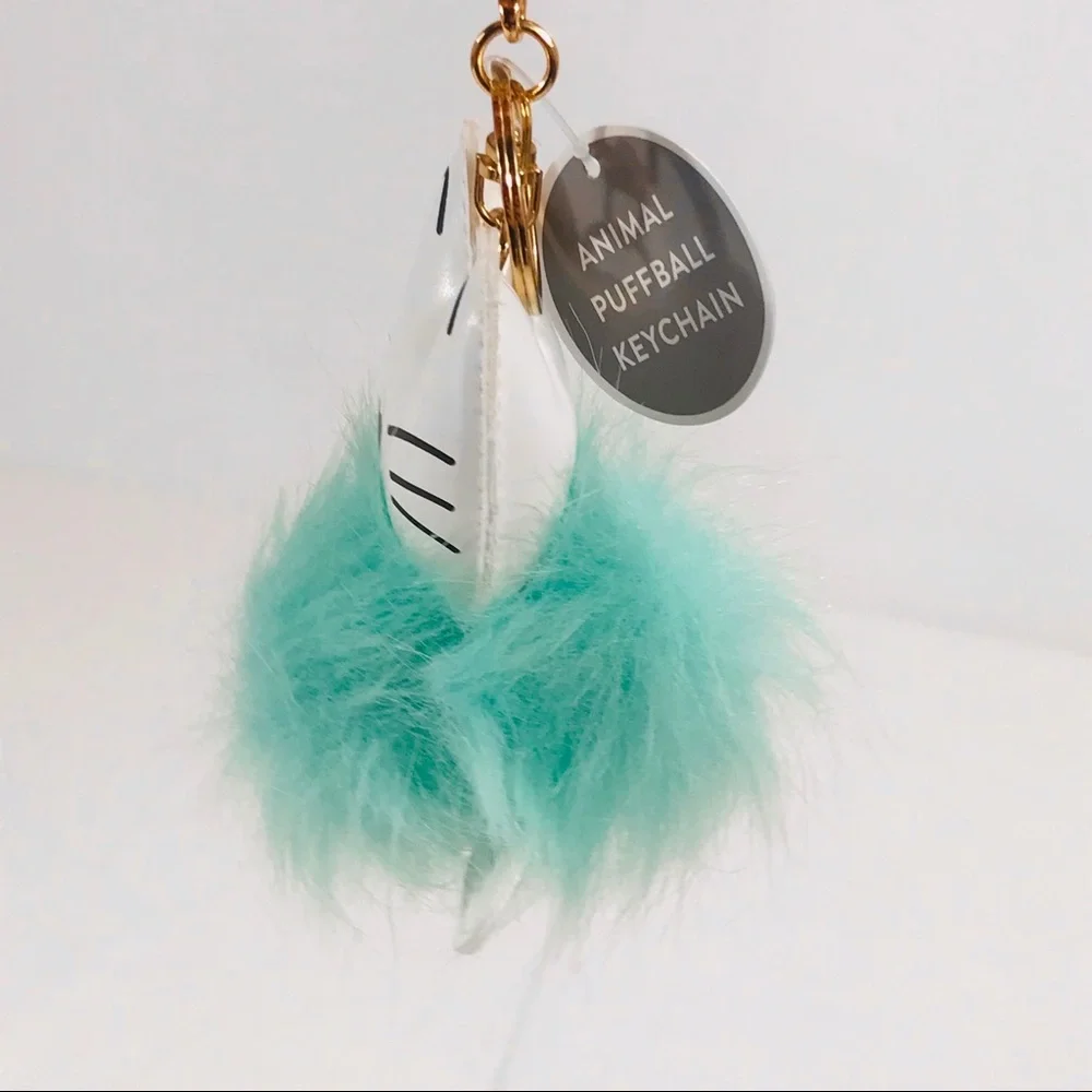 Eccolo Cat Pom Pom Key Chain, Black, White, Blue